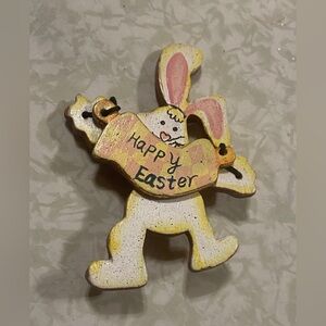 Vintage 1998 Happy Easter Wooden Rabbit Hand Painted Handmade Brooch #6402